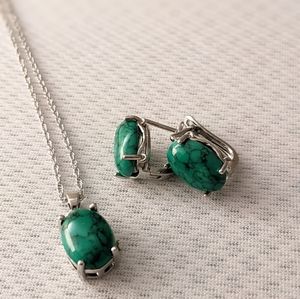 Oval Green White Gold Plated Earring Necklace Set